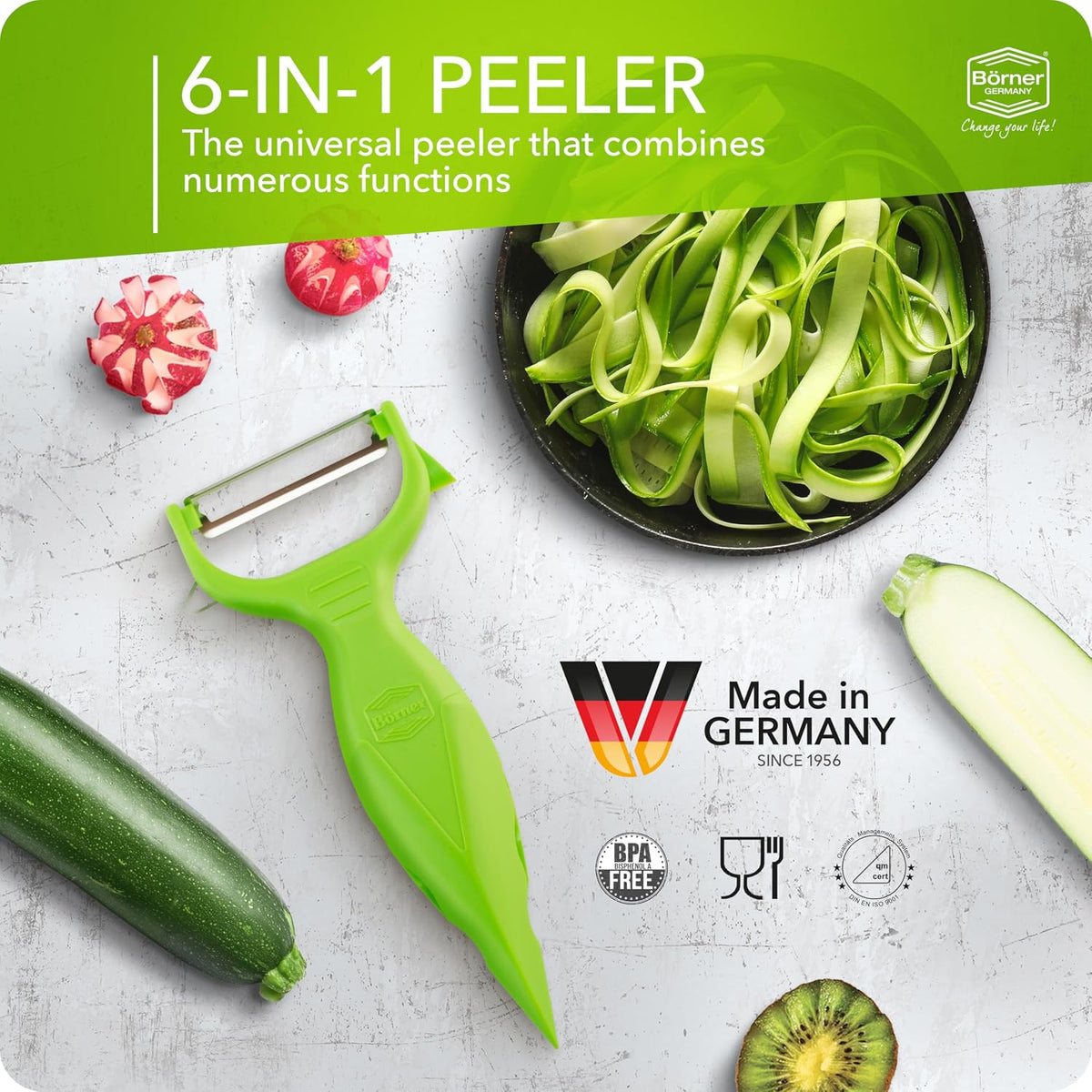 Borner 6-in-1 Fruit and Vegetable Peeler with Stainless Steel Double-Edged Blade, Multi function with Corer, Potato Eye Remover and Mini Grater, Made in Germany, Red