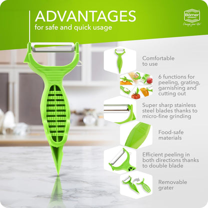 Borner 6-in-1 Fruit and Vegetable Peeler with Stainless Steel Double-Edged Blade, Multi function with Corer, Potato Eye Remover and Mini Grater, Made in Germany, Red
