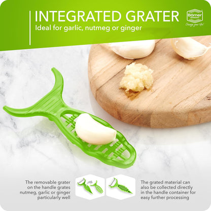 Borner 6-in-1 Fruit and Vegetable Peeler with Stainless Steel Double-Edged Blade, Multi function with Corer, Potato Eye Remover and Mini Grater, Made in Germany, Red