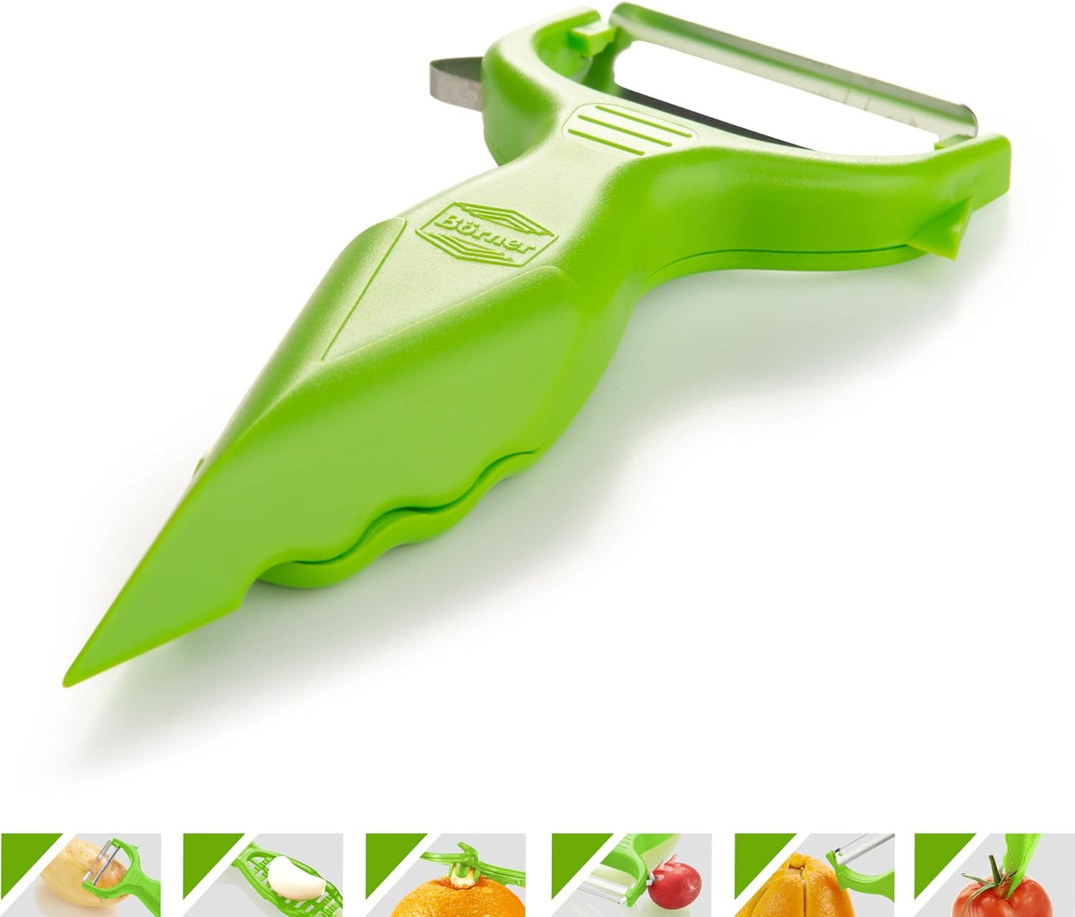 Borner 6-in-1 Fruit and Vegetable Peeler with Stainless Steel Double-Edged Blade, Multi function with Corer, Potato Eye Remover and Mini Grater, Made in Germany, Red