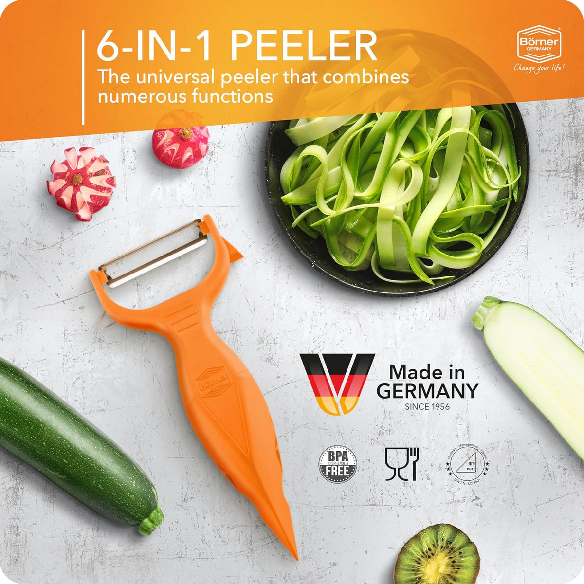 Borner 6-in-1 Fruit and Vegetable Peeler with Stainless Steel Double-Edged Blade, Multi function with Corer, Potato Eye Remover and Mini Grater, Made in Germany, Red