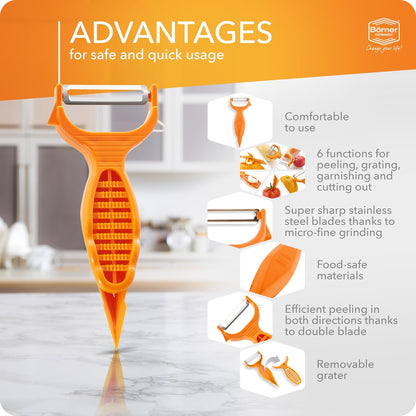 Borner 6-in-1 Fruit and Vegetable Peeler with Stainless Steel Double-Edged Blade, Multi function with Corer, Potato Eye Remover and Mini Grater, Made in Germany, Red