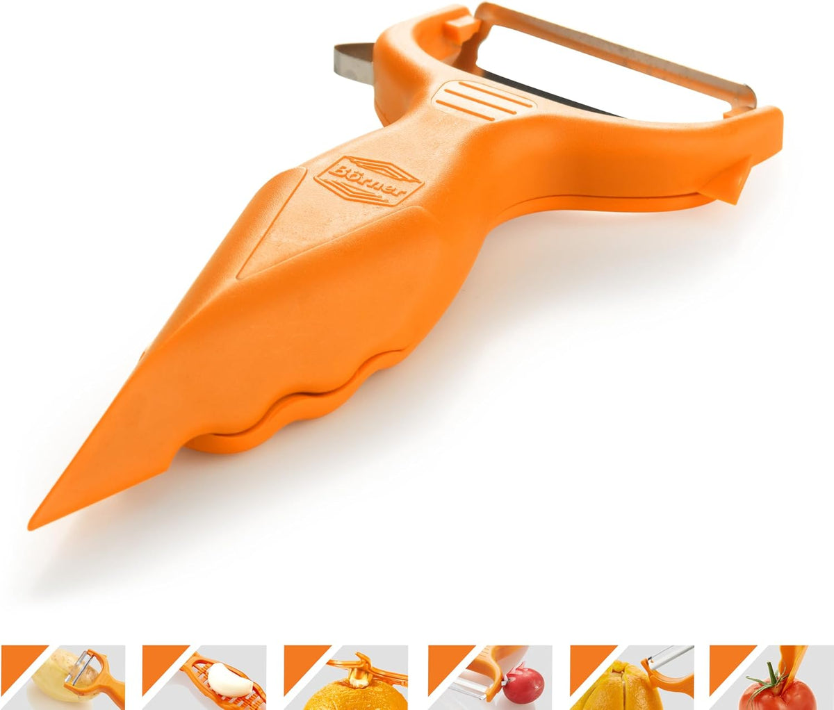 Borner 6-in-1 Fruit and Vegetable Peeler with Stainless Steel Double-Edged Blade, Multi function with Corer, Potato Eye Remover and Mini Grater, Made in Germany, Red