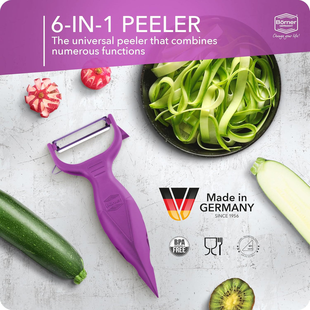 Borner 6-in-1 Fruit and Vegetable Peeler with Stainless Steel Double-Edged Blade, Multi function with Corer, Potato Eye Remover and Mini Grater, Made in Germany, Red
