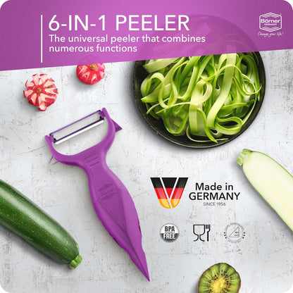 Borner 6-in-1 Fruit and Vegetable Peeler with Stainless Steel Double-Edged Blade, Multi function with Corer, Potato Eye Remover and Mini Grater, Made in Germany, Red