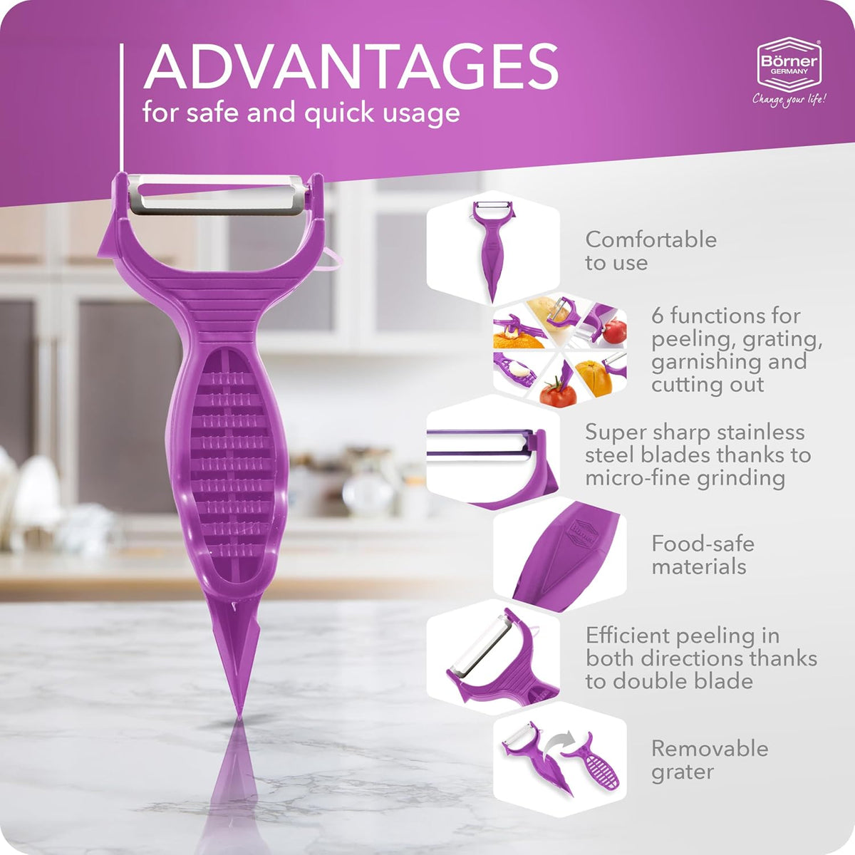 Borner 6-in-1 Fruit and Vegetable Peeler with Stainless Steel Double-Edged Blade, Multi function with Corer, Potato Eye Remover and Mini Grater, Made in Germany, Red