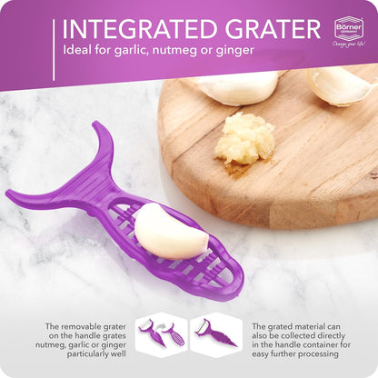 Borner 6-in-1 Fruit and Vegetable Peeler with Stainless Steel Double-Edged Blade, Multi function with Corer, Potato Eye Remover and Mini Grater, Made in Germany, Red