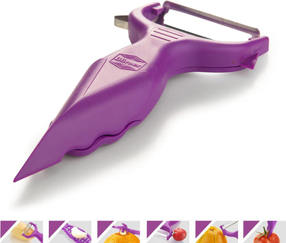 Borner 6-in-1 Fruit and Vegetable Peeler with Stainless Steel Double-Edged Blade, Multi function with Corer, Potato Eye Remover and Mini Grater, Made in Germany, Red