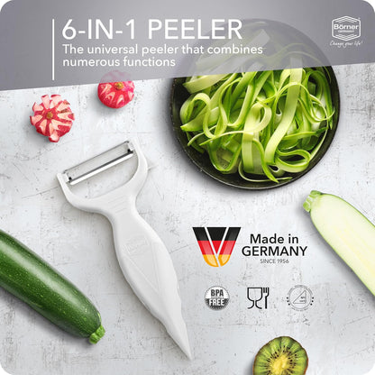 Borner 6-in-1 Fruit and Vegetable Peeler with Stainless Steel Double-Edged Blade, Multi function with Corer, Potato Eye Remover and Mini Grater, Made in Germany, Red