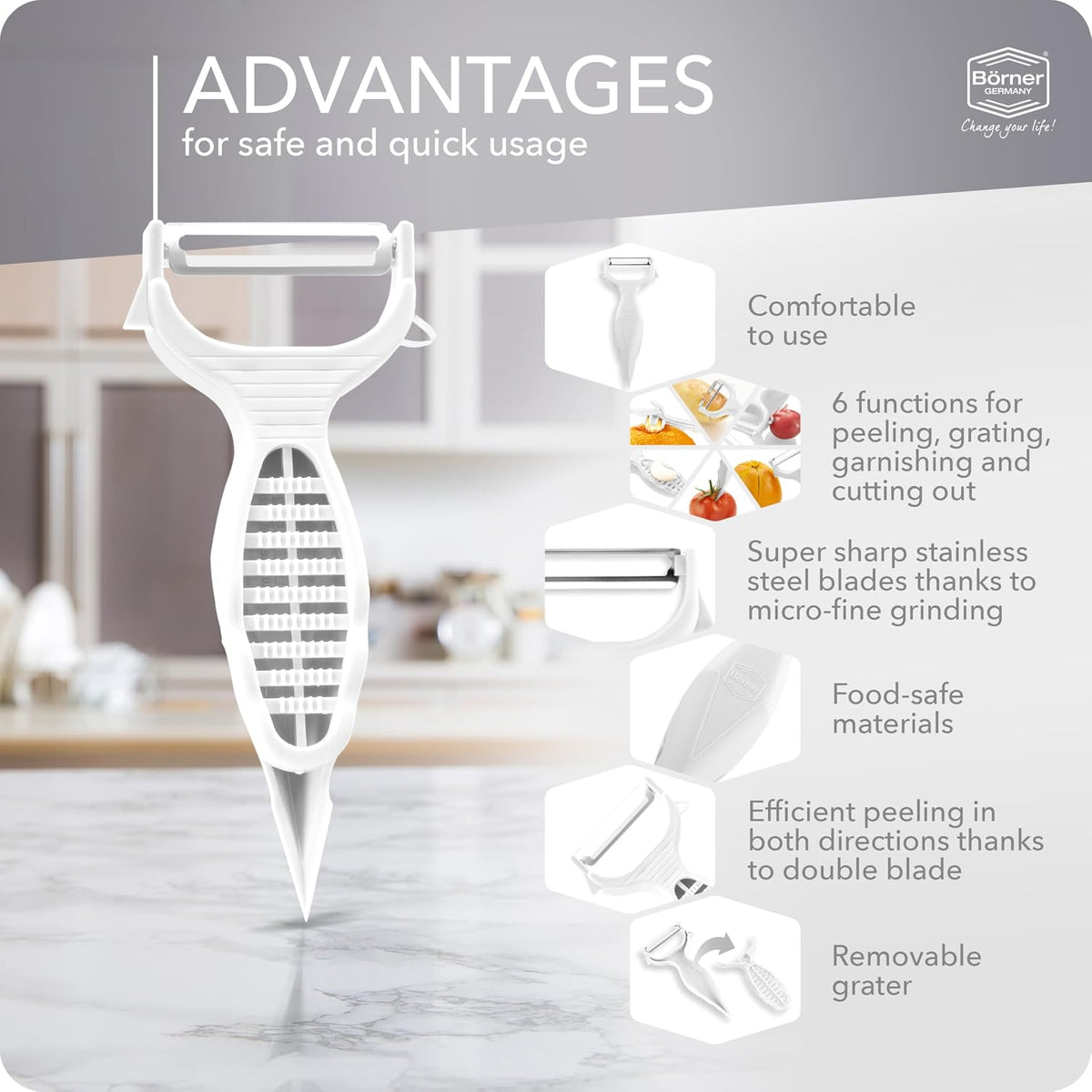 Borner 6-in-1 Fruit and Vegetable Peeler with Stainless Steel Double-Edged Blade, Multi function with Corer, Potato Eye Remover and Mini Grater, Made in Germany, Red