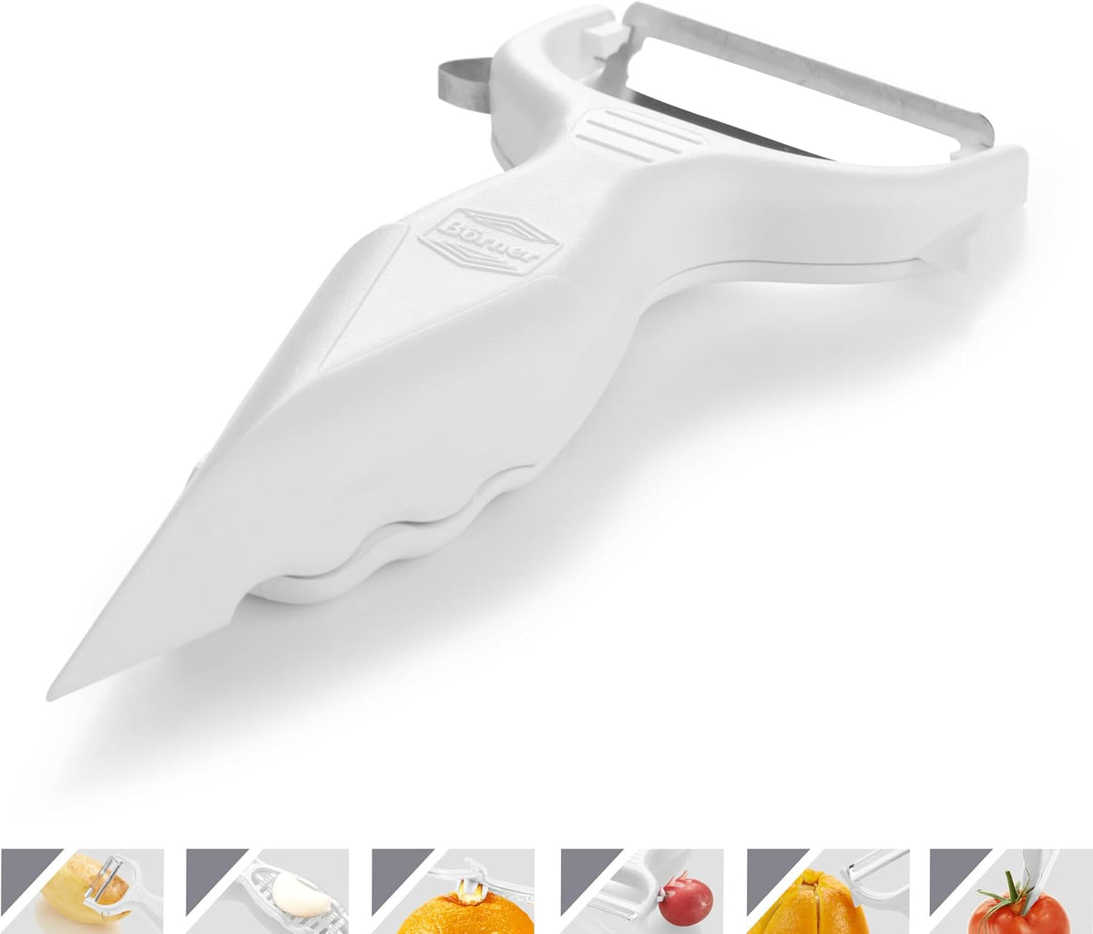 Borner 6-in-1 Fruit and Vegetable Peeler with Stainless Steel Double-Edged Blade, Multi function with Corer, Potato Eye Remover and Mini Grater, Made in Germany, Red