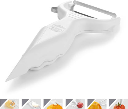 Borner 6-in-1 Fruit and Vegetable Peeler with Stainless Steel Double-Edged Blade, Multi function with Corer, Potato Eye Remover and Mini Grater, Made in Germany, Red