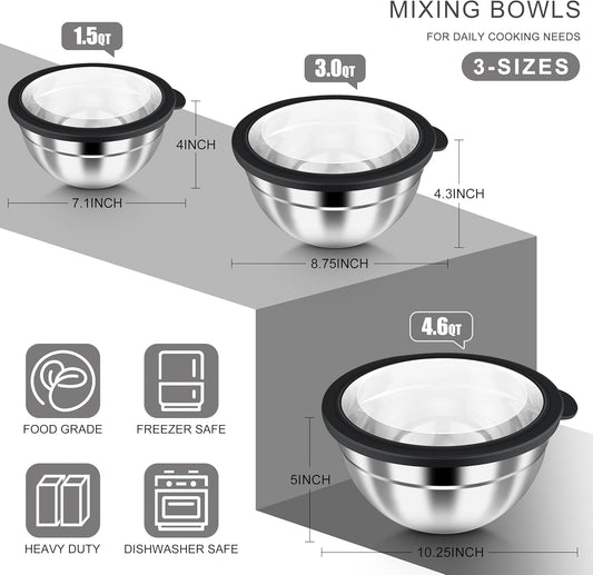 Mixing Bowls with Airtight Clear Lids, 6-Piece Stainless Steel Strong Nesting Bowls Set, Metal Salad Bowl for Cooking, Prepping, Baking, Serving & Food Storage, Size 4.6, 3, 1.5QT, Black