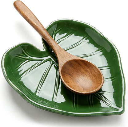 Green Ceramic Spoon Rest for Stove Top and Kitchen Counter | Keeps Counters Clean, Green Leaf Spoon Holder for Spoons Ladles Spatulas, Heat Resistant Kitchen Utensil Rest