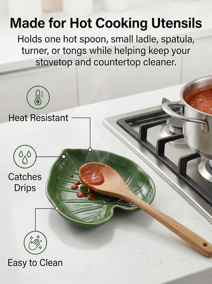 Green Ceramic Spoon Rest for Stove Top and Kitchen Counter | Keeps Counters Clean, Green Leaf Spoon Holder for Spoons Ladles Spatulas, Heat Resistant Kitchen Utensil Rest