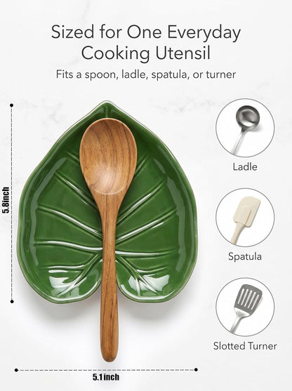 Green Ceramic Spoon Rest for Stove Top and Kitchen Counter | Keeps Counters Clean, Green Leaf Spoon Holder for Spoons Ladles Spatulas, Heat Resistant Kitchen Utensil Rest