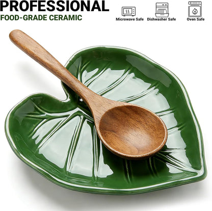 Green Ceramic Spoon Rest for Stove Top and Kitchen Counter | Keeps Counters Clean, Green Leaf Spoon Holder for Spoons Ladles Spatulas, Heat Resistant Kitchen Utensil Rest