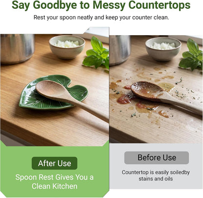 Green Ceramic Spoon Rest for Stove Top and Kitchen Counter | Keeps Counters Clean, Green Leaf Spoon Holder for Spoons Ladles Spatulas, Heat Resistant Kitchen Utensil Rest