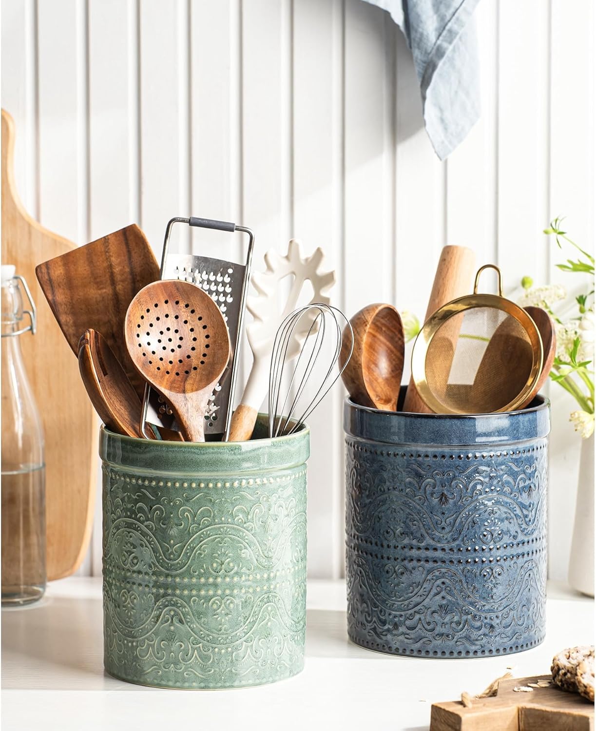 Kitchen Utensil Holder, 7 Inches Large Ceramic Utensil Holder for Countertop, Lace Emboss Cooking Utensil Crocks for Kitchen, Home Decor, Off-White
