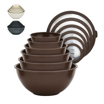 Bakken Master 12 Piece Plastic Nesting Bowls with Lids - Mixing Bowls Set includes 6 Prep Bowls and 6 Lids, BPA-Free, Reusable Meal Prep Containers, Microwave, Freezer & Dishwasher Safe, Brown