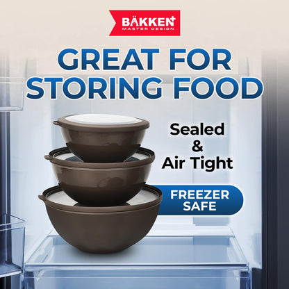 Bakken Master 12 Piece Plastic Nesting Bowls with Lids - Mixing Bowls Set includes 6 Prep Bowls and 6 Lids, BPA-Free, Reusable Meal Prep Containers, Microwave, Freezer & Dishwasher Safe, Brown