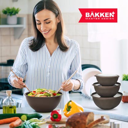 Bakken Master 12 Piece Plastic Nesting Bowls with Lids - Mixing Bowls Set includes 6 Prep Bowls and 6 Lids, BPA-Free, Reusable Meal Prep Containers, Microwave, Freezer & Dishwasher Safe, Brown
