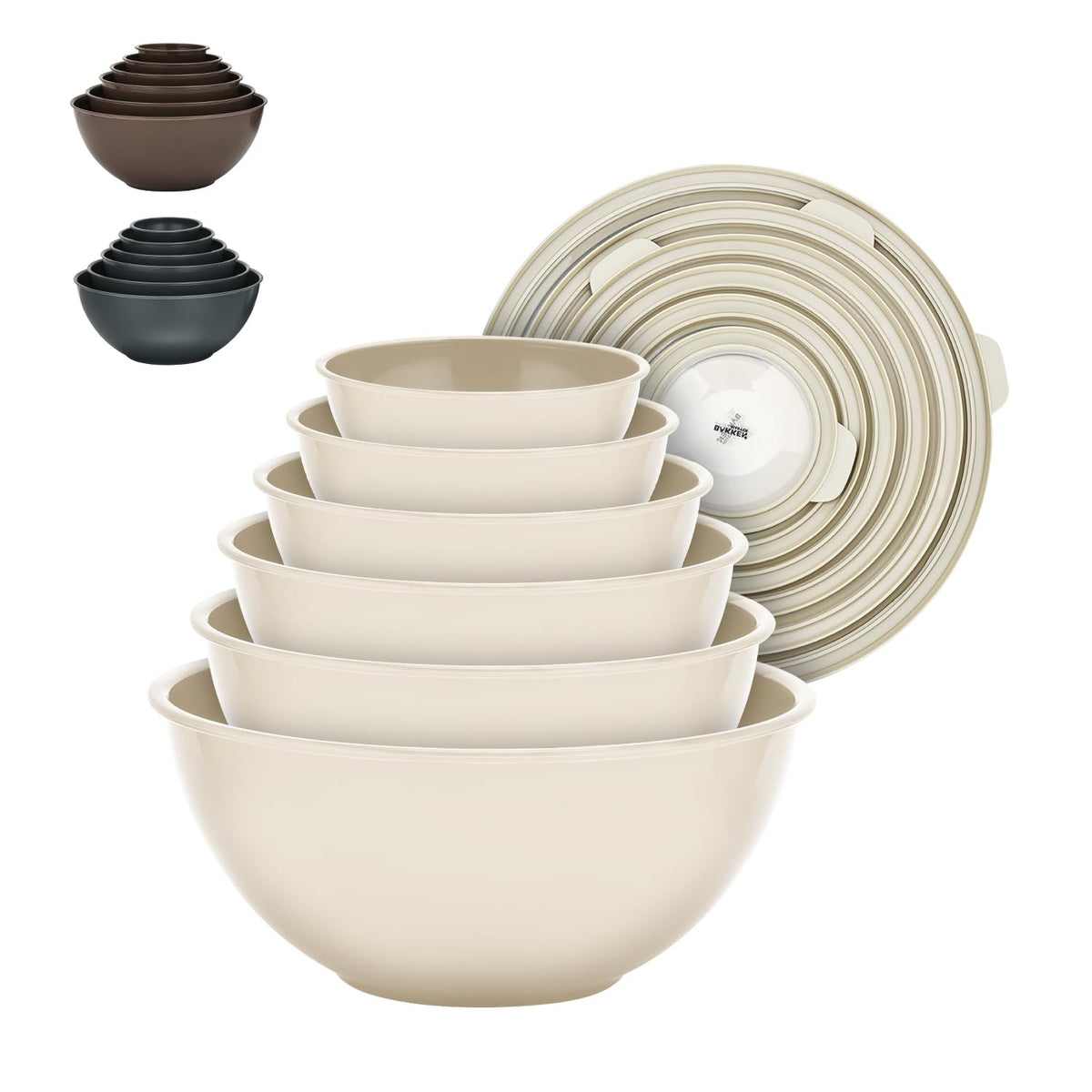 Bakken Master 12 Piece Plastic Nesting Bowls with Lids - Mixing Bowls Set includes 6 Prep Bowls and 6 Lids, BPA-Free, Reusable Meal Prep Containers, Microwave, Freezer & Dishwasher Safe, Brown