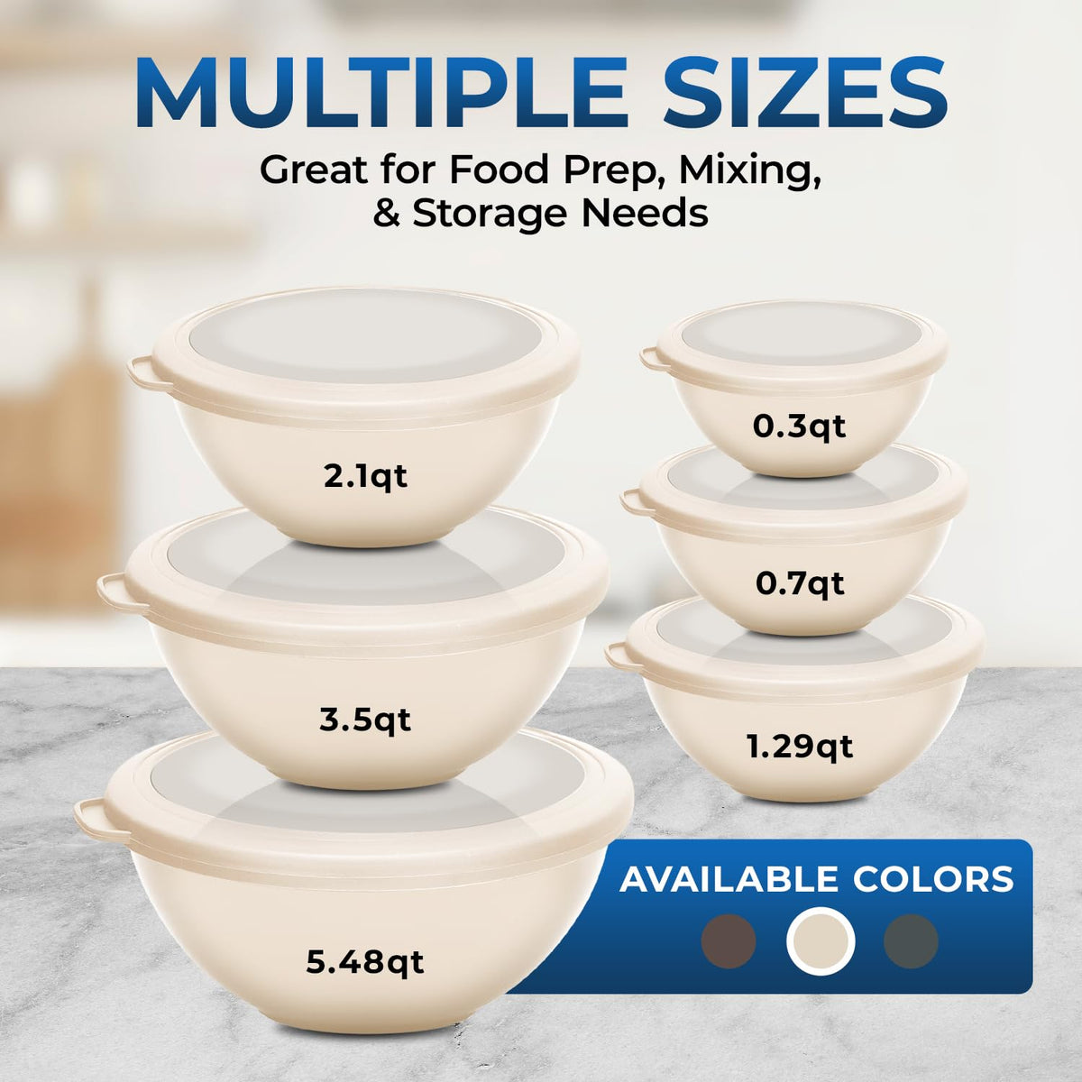 Bakken Master 12 Piece Plastic Nesting Bowls with Lids - Mixing Bowls Set includes 6 Prep Bowls and 6 Lids, BPA-Free, Reusable Meal Prep Containers, Microwave, Freezer & Dishwasher Safe, Brown