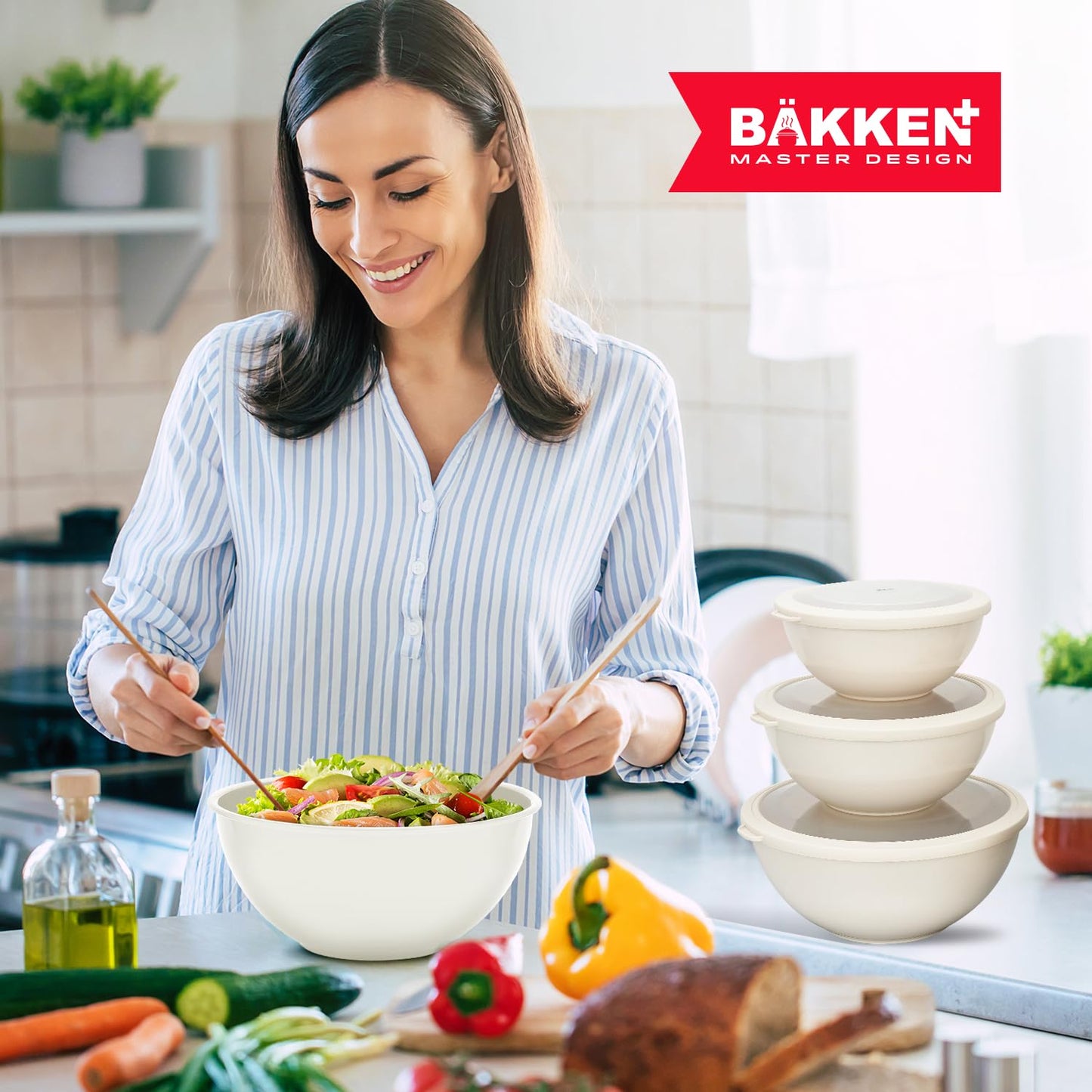 Bakken Master 12 Piece Plastic Nesting Bowls with Lids - Mixing Bowls Set includes 6 Prep Bowls and 6 Lids, BPA-Free, Reusable Meal Prep Containers, Microwave, Freezer & Dishwasher Safe, Brown