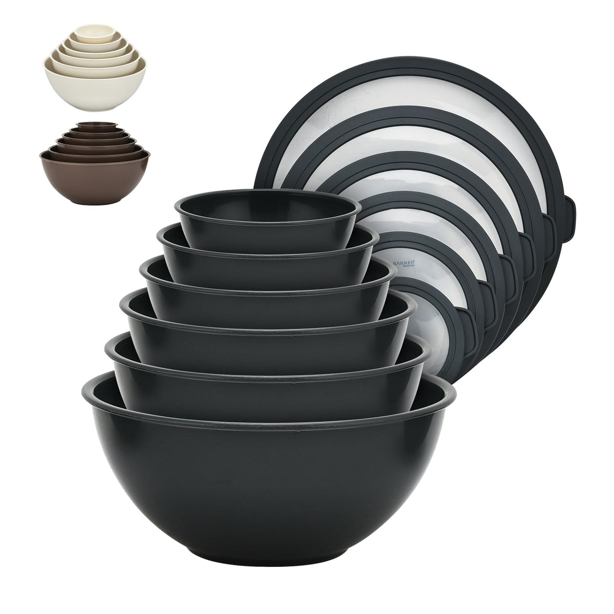 Bakken Master 12 Piece Plastic Nesting Bowls with Lids - Mixing Bowls Set includes 6 Prep Bowls and 6 Lids, BPA-Free, Reusable Meal Prep Containers, Microwave, Freezer & Dishwasher Safe, Brown