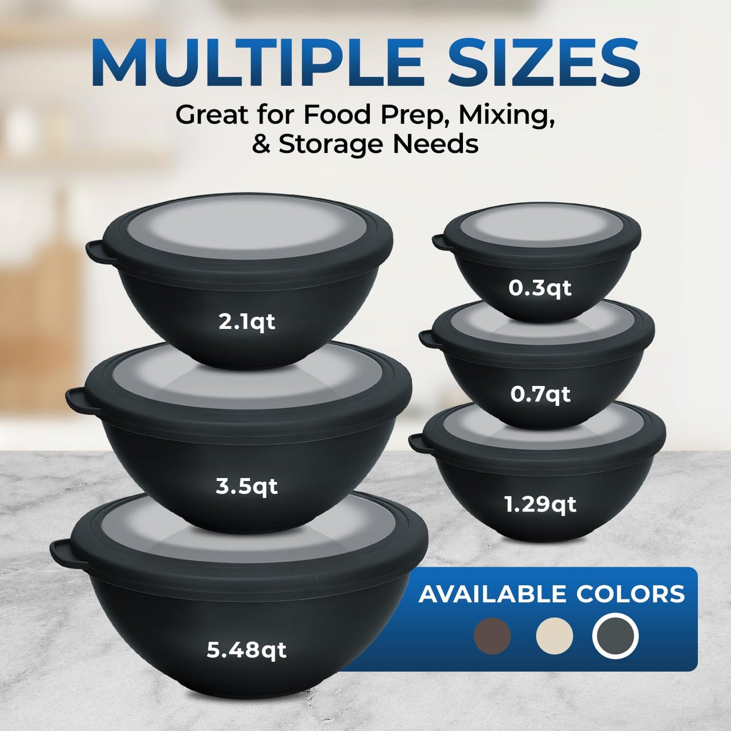 Bakken Master 12 Piece Plastic Nesting Bowls with Lids - Mixing Bowls Set includes 6 Prep Bowls and 6 Lids, BPA-Free, Reusable Meal Prep Containers, Microwave, Freezer & Dishwasher Safe, Brown