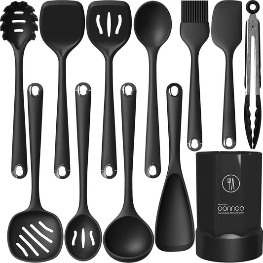 Silicone Kitchen Utensils Set,Utensils Sets for Cooking,Dishwasher Safe | Seamless Spatula Set,Nonstick Cookware, BPA-Free,Heat Resistant up to 600°F, Housewarming Gift,Black