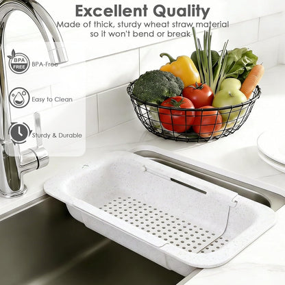 Over the Sink Colander Strainer Basket, Extendable Colander and Strainer for Kitchen, Wash Vegetables and Fruits, Drain Pasta and Dry Dishes, Adjustable Colander from 13.5In to 18.7In, White