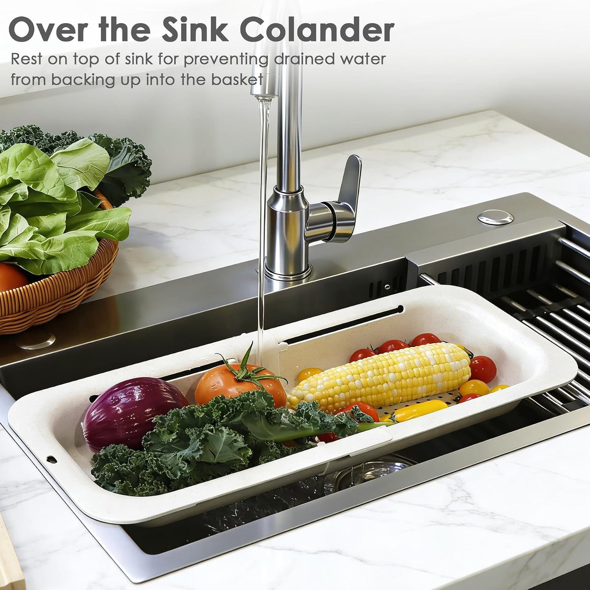 Over the Sink Colander Strainer Basket, Extendable Colander and Strainer for Kitchen, Wash Vegetables and Fruits, Drain Pasta and Dry Dishes, Adjustable Colander from 13.5In to 18.7In, White