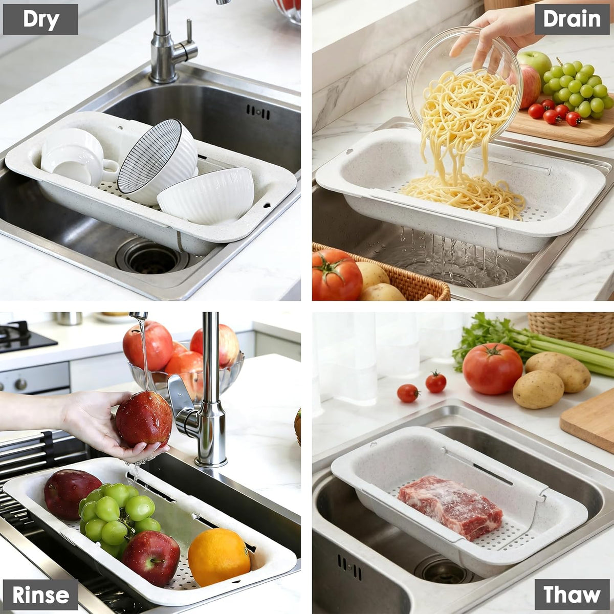 Over the Sink Colander Strainer Basket, Extendable Colander and Strainer for Kitchen, Wash Vegetables and Fruits, Drain Pasta and Dry Dishes, Adjustable Colander from 13.5In to 18.7In, White