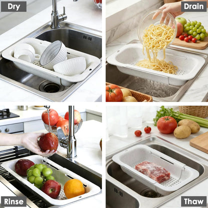Over the Sink Colander Strainer Basket, Extendable Colander and Strainer for Kitchen, Wash Vegetables and Fruits, Drain Pasta and Dry Dishes, Adjustable Colander from 13.5In to 18.7In, White