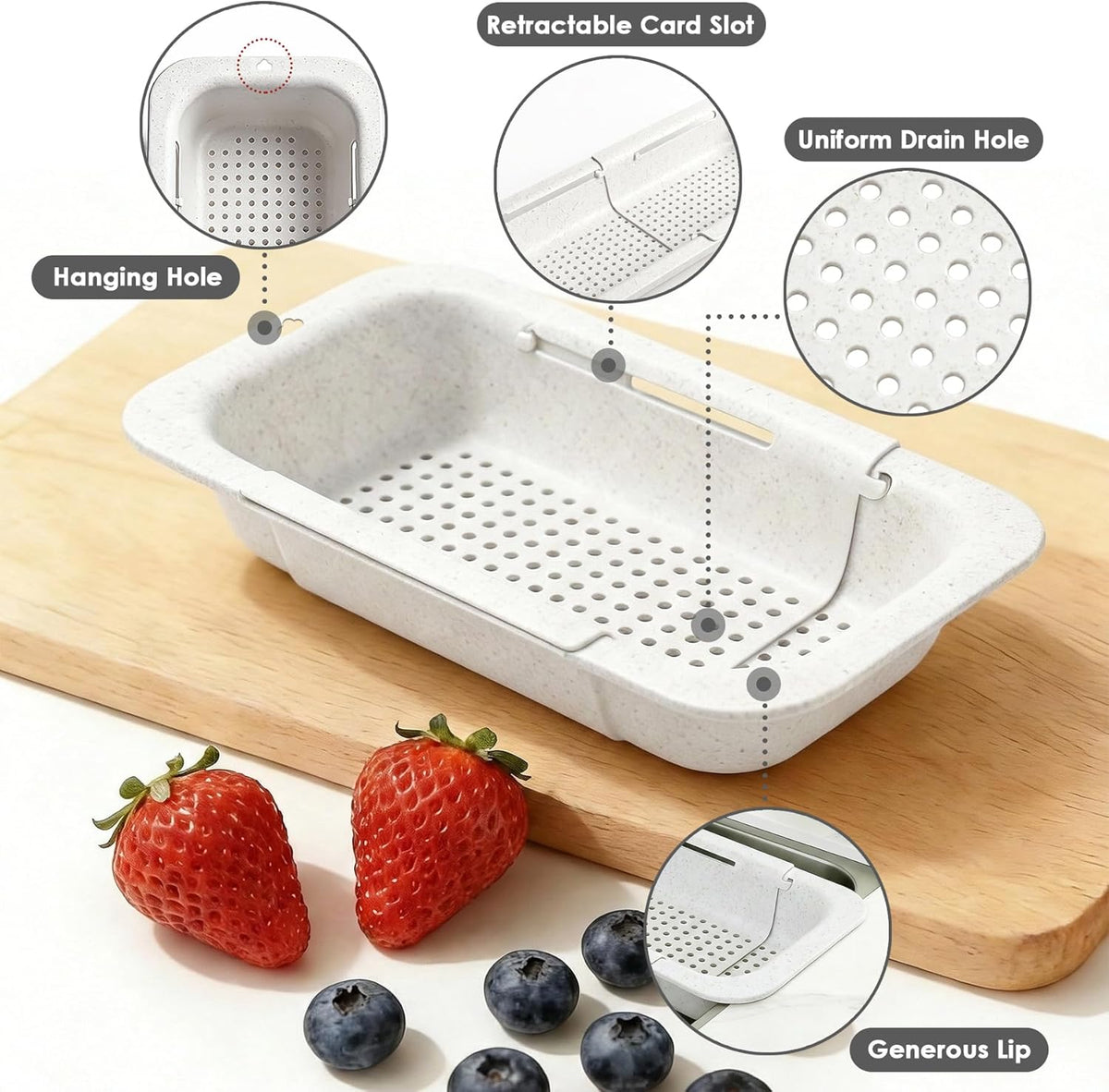Over the Sink Colander Strainer Basket, Extendable Colander and Strainer for Kitchen, Wash Vegetables and Fruits, Drain Pasta and Dry Dishes, Adjustable Colander from 13.5In to 18.7In, White