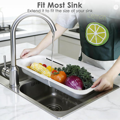 Over the Sink Colander Strainer Basket, Extendable Colander and Strainer for Kitchen, Wash Vegetables and Fruits, Drain Pasta and Dry Dishes, Adjustable Colander from 13.5In to 18.7In, White