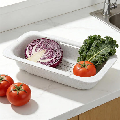 Over the Sink Colander Strainer Basket, Extendable Colander and Strainer for Kitchen, Wash Vegetables and Fruits, Drain Pasta and Dry Dishes, Adjustable Colander from 13.5In to 18.7In, White