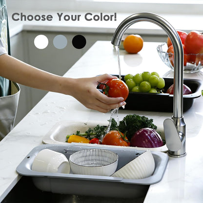 Over the Sink Colander Strainer Basket, Extendable Colander and Strainer for Kitchen, Wash Vegetables and Fruits, Drain Pasta and Dry Dishes, Adjustable Colander from 13.5In to 18.7In, White