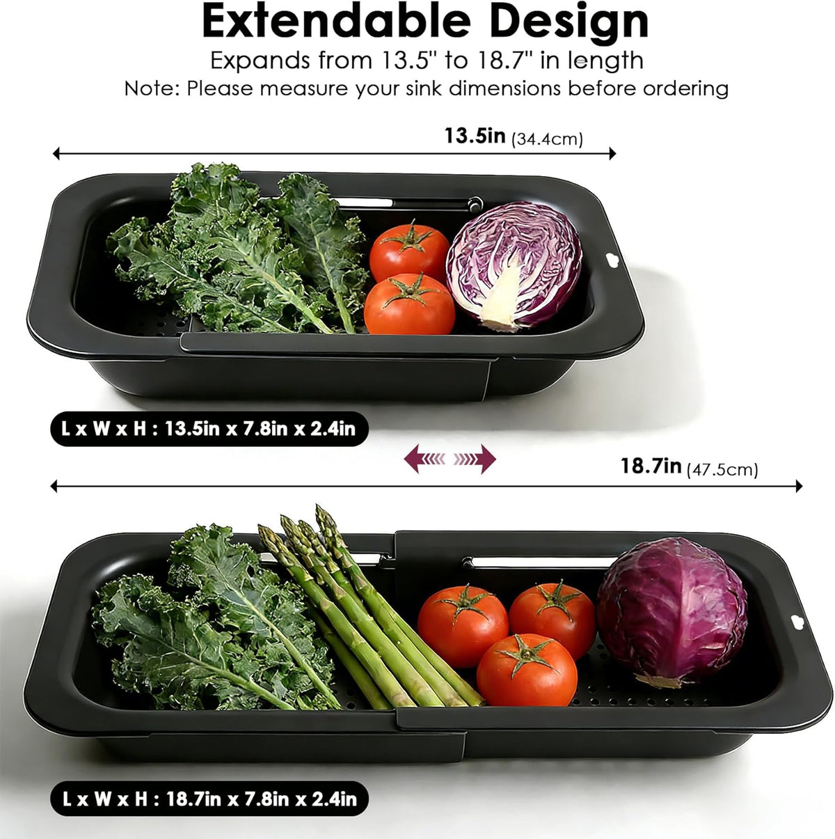 Over the Sink Colander Strainer Basket, Extendable Colander and Strainer for Kitchen, Wash Vegetables and Fruits, Drain Pasta and Dry Dishes, Adjustable Colander from 13.5In to 18.7In, White