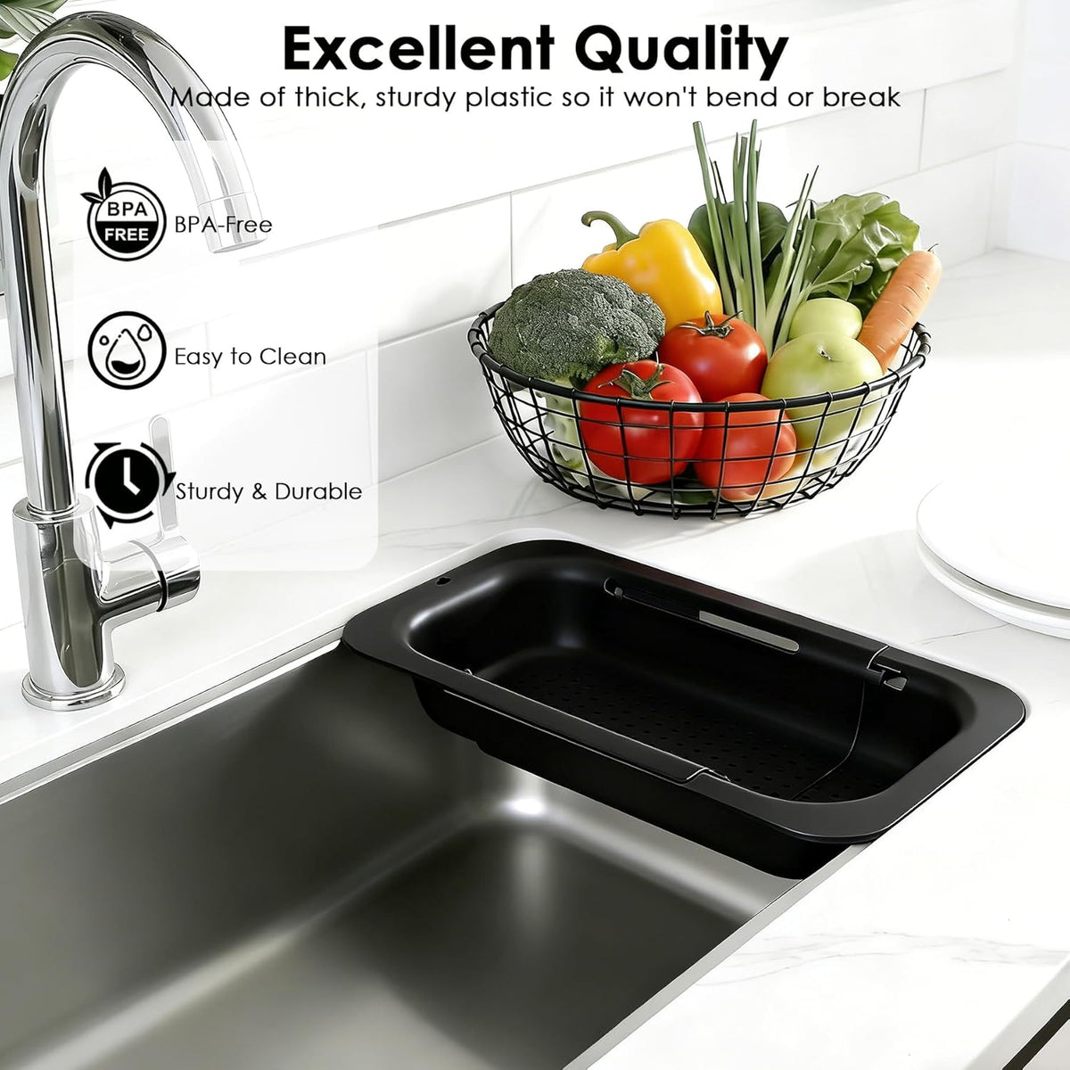Over the Sink Colander Strainer Basket, Extendable Colander and Strainer for Kitchen, Wash Vegetables and Fruits, Drain Pasta and Dry Dishes, Adjustable Colander from 13.5In to 18.7In, White