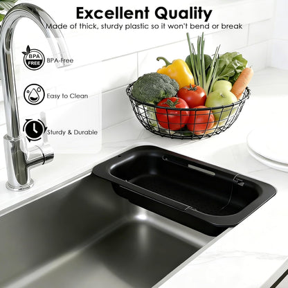 Over the Sink Colander Strainer Basket, Extendable Colander and Strainer for Kitchen, Wash Vegetables and Fruits, Drain Pasta and Dry Dishes, Adjustable Colander from 13.5In to 18.7In, White