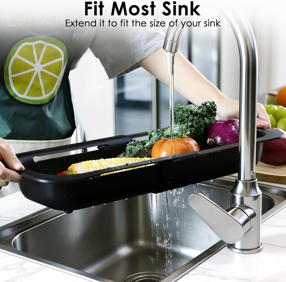Over the Sink Colander Strainer Basket, Extendable Colander and Strainer for Kitchen, Wash Vegetables and Fruits, Drain Pasta and Dry Dishes, Adjustable Colander from 13.5In to 18.7In, White