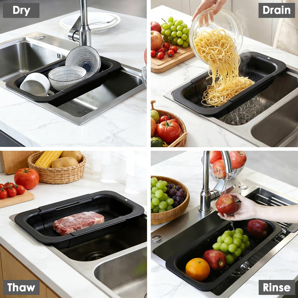 Over the Sink Colander Strainer Basket, Extendable Colander and Strainer for Kitchen, Wash Vegetables and Fruits, Drain Pasta and Dry Dishes, Adjustable Colander from 13.5In to 18.7In, White
