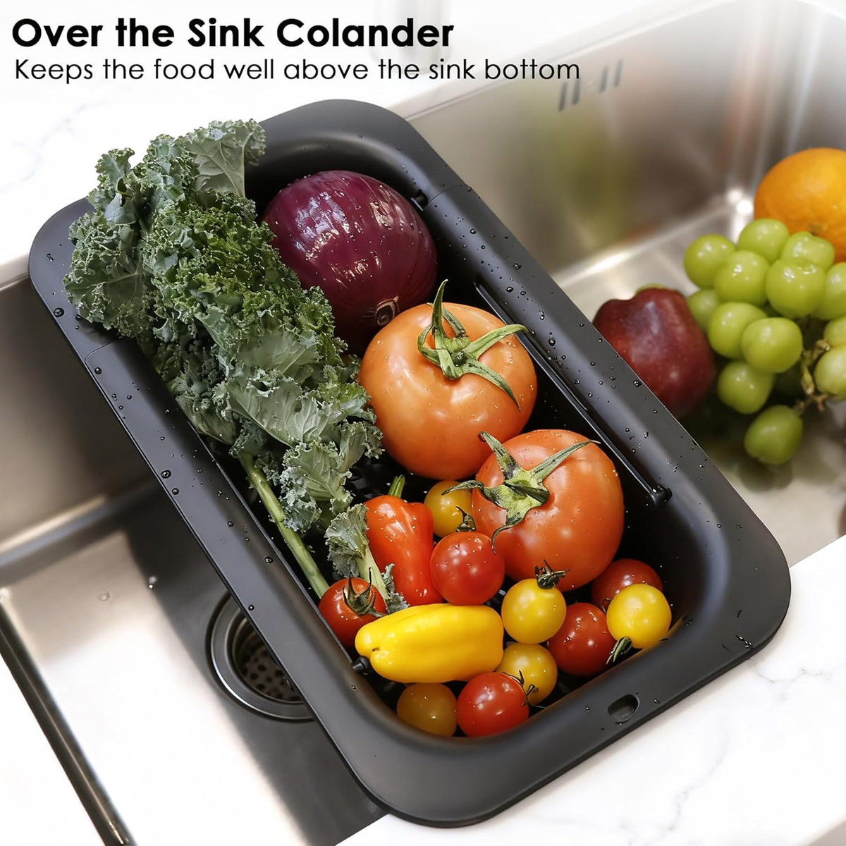 Over the Sink Colander Strainer Basket, Extendable Colander and Strainer for Kitchen, Wash Vegetables and Fruits, Drain Pasta and Dry Dishes, Adjustable Colander from 13.5In to 18.7In, White