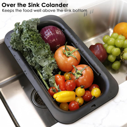 Over the Sink Colander Strainer Basket, Extendable Colander and Strainer for Kitchen, Wash Vegetables and Fruits, Drain Pasta and Dry Dishes, Adjustable Colander from 13.5In to 18.7In, White