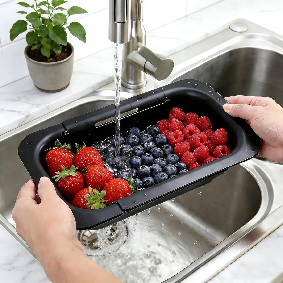 Over the Sink Colander Strainer Basket, Extendable Colander and Strainer for Kitchen, Wash Vegetables and Fruits, Drain Pasta and Dry Dishes, Adjustable Colander from 13.5In to 18.7In, White