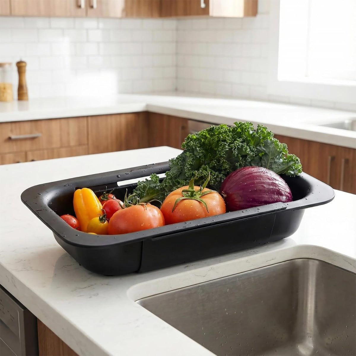 Over the Sink Colander Strainer Basket, Extendable Colander and Strainer for Kitchen, Wash Vegetables and Fruits, Drain Pasta and Dry Dishes, Adjustable Colander from 13.5In to 18.7In, White