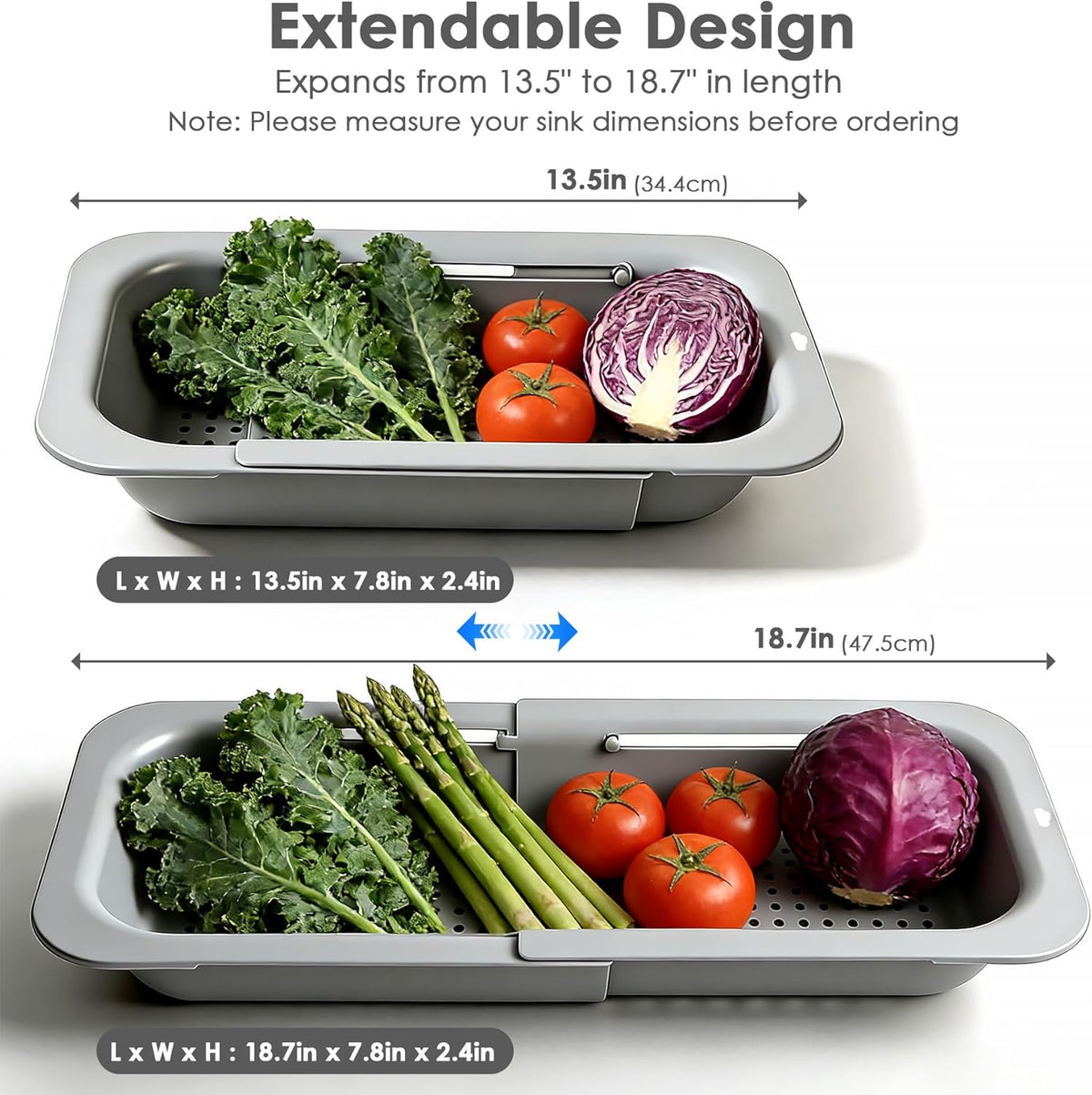 Over the Sink Colander Strainer Basket, Extendable Colander and Strainer for Kitchen, Wash Vegetables and Fruits, Drain Pasta and Dry Dishes, Adjustable Colander from 13.5In to 18.7In, White